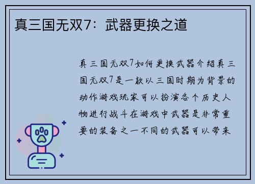真三国无双7：武器更换之道